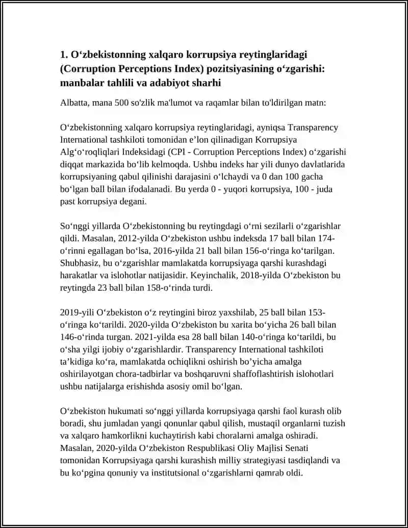 YANGI O'ZBEKISTON IJTIMOIY-SIYOSIY,IQTISODIY VA MADANIY HAYOTIDA RO'Y BERAYOTGAN O'ZGARISHLARNING XALQARO REYTING VA INDEKSLARDA AKS ETILSHI MAVZUSIDA MANBALAR TAHLILI VA ADABIYOTLAR SHARHINI TAYYORLASH 4