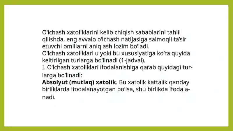 o’lchashlar va ularning xatoliklari. xatoliklarning turlari.o’lchash vositalarining sinflanishi 4
