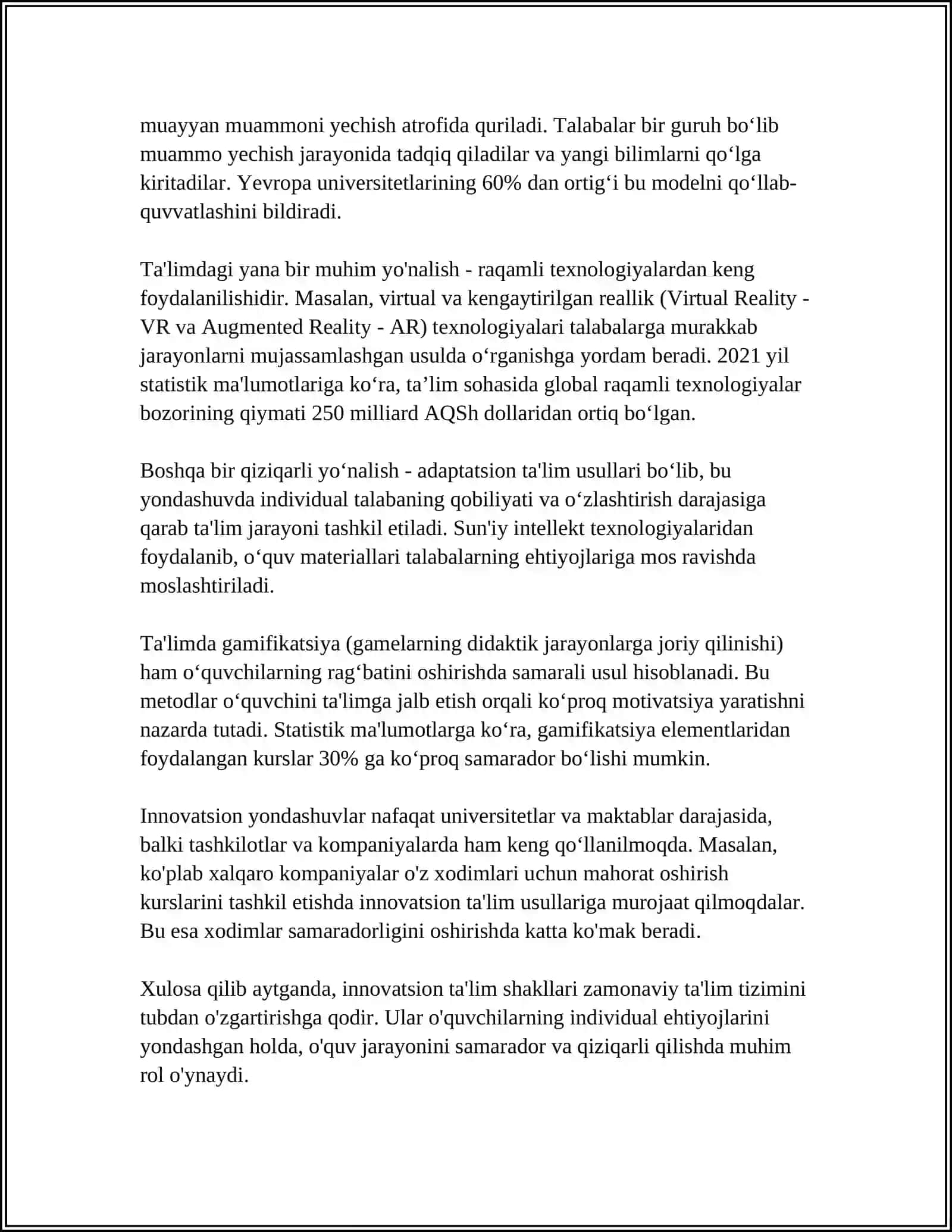 TA’LIM-TARBIYA JARAYONINI TASHKIL ETISHNING INNOVATSION SHAKL, METOD VA VOSITALARI 4