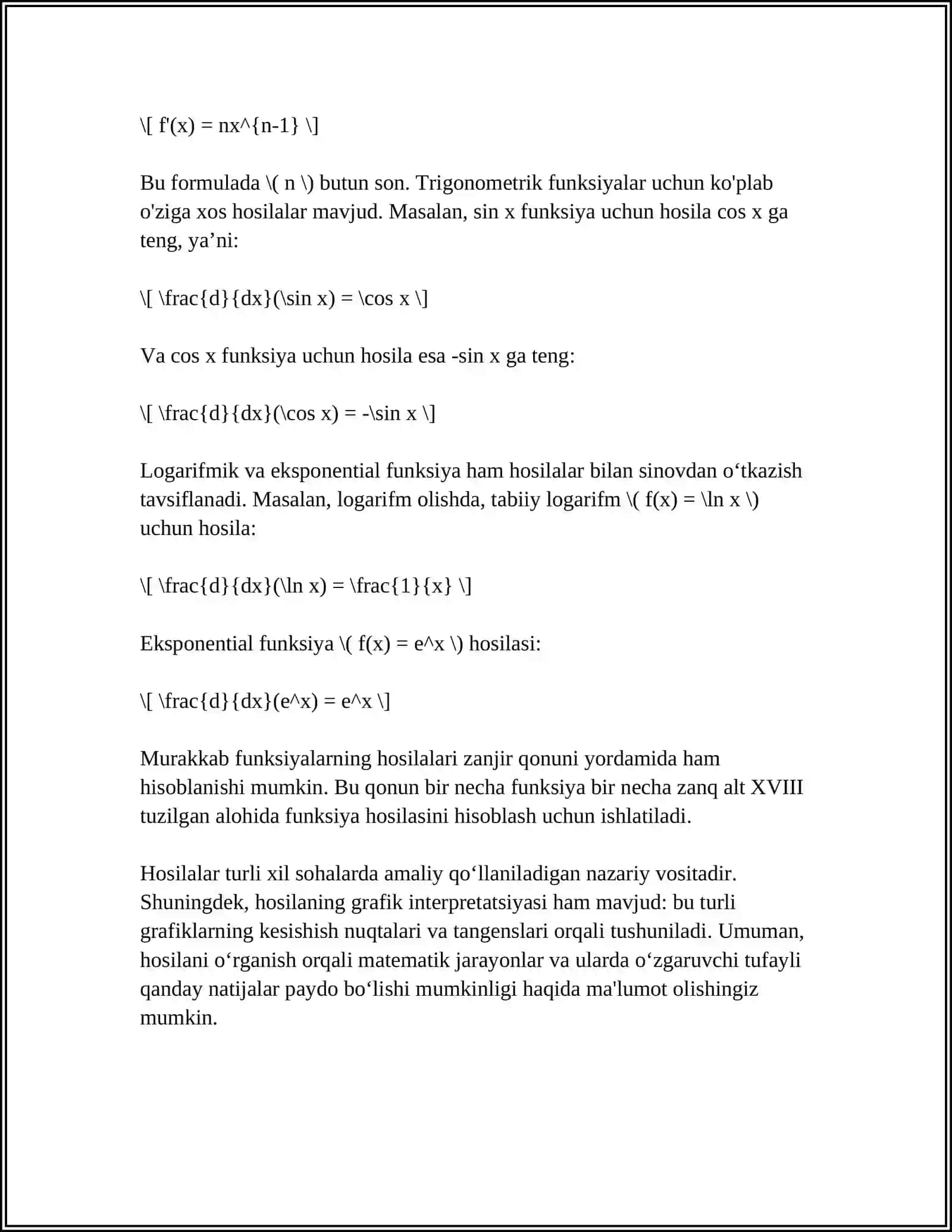 FUNKSIYA HOSILASI VA UNING GEOMETRIK MANOSI. HOSILALAR JADVALI 4