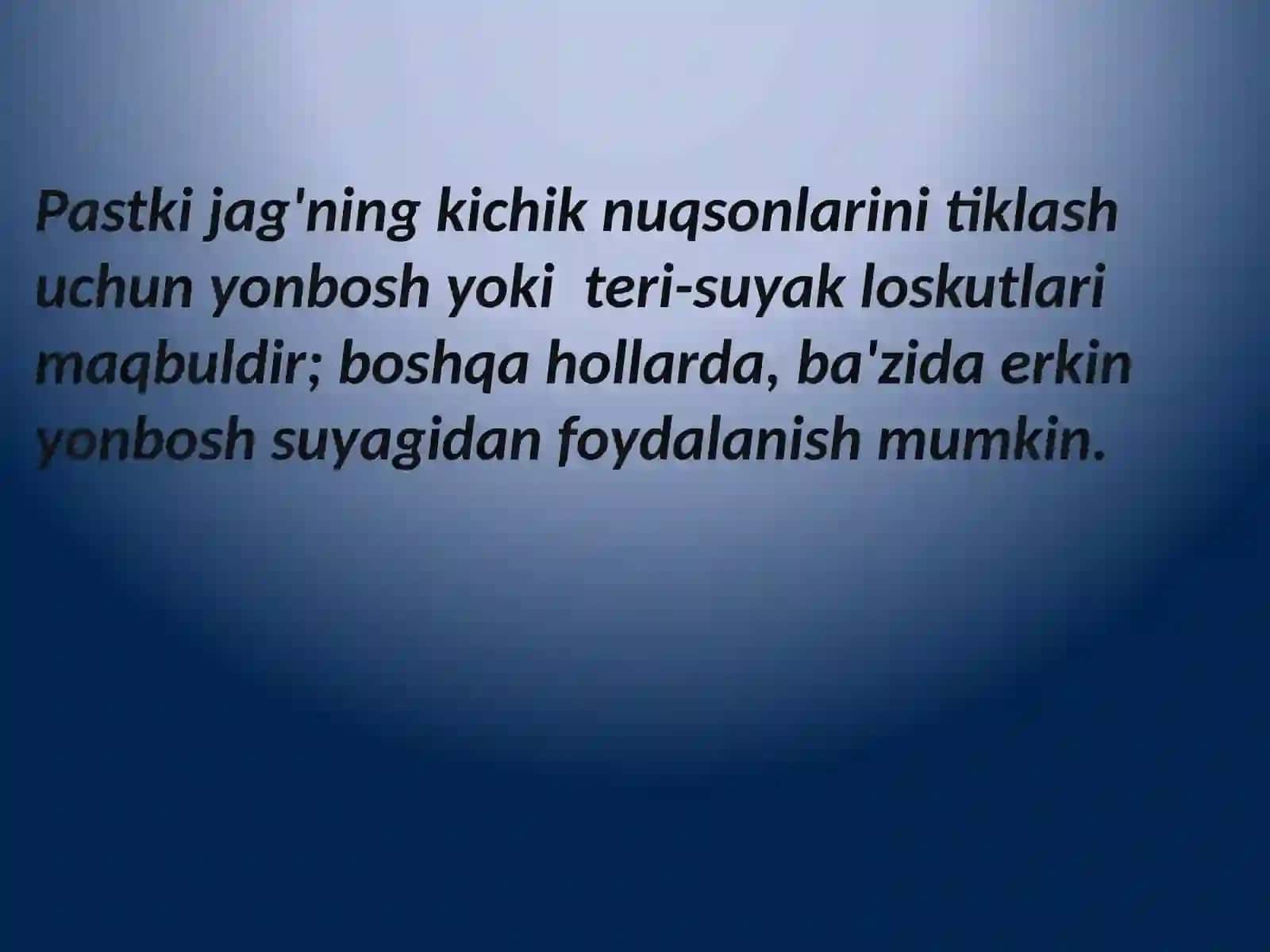 Mikroxirurgiya usullarini qo'llab yuz jag' sohasi nuqson va shakl buzilishlarini plastikasi.Yuz toʻqimalari plastikasi 4
