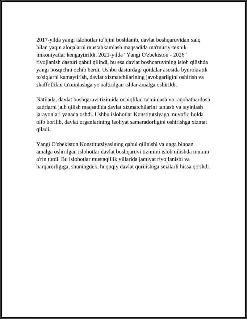 MUSTAQILLIK YILLARIDA DAVLAT BOSHQARUVI TIZIMIDA AMALGA OSHIRILGAN ISLOHOTLAR 4