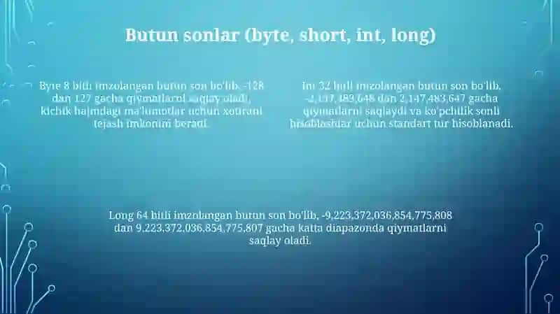 Java tilining asosiy turlari va operatorlar haqida 4