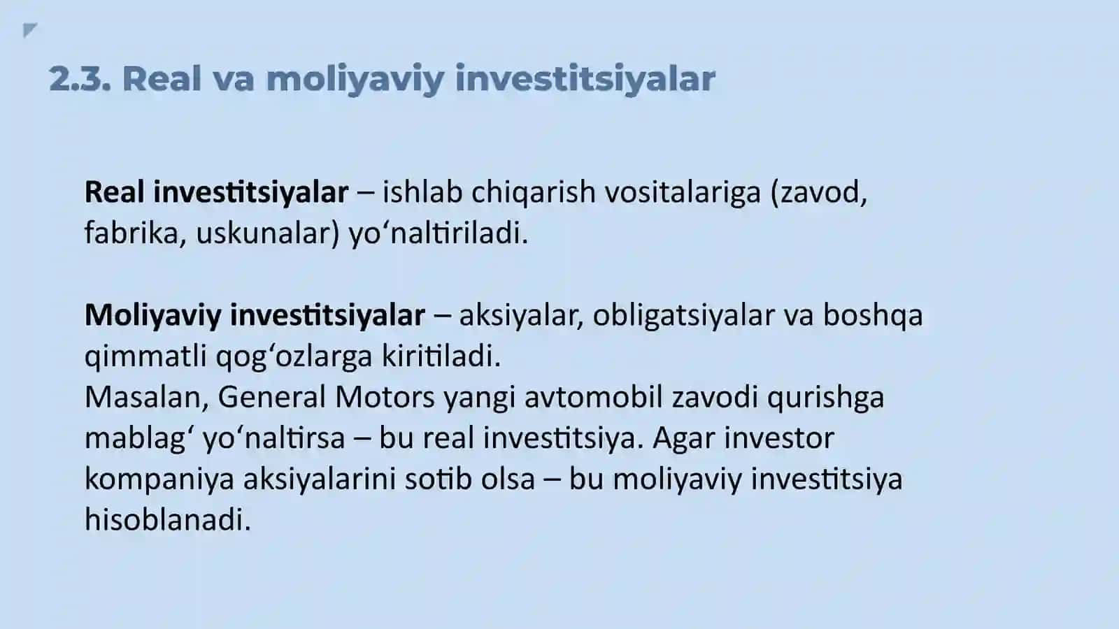 INVESTITSIYA FAOLIYATI VA INVESTITSIYA SIYOSATI. IQTISODIYOTNI RIVOJLANTIRISHDA XORIJIY INVESTITSIYALARNING ROLI 4