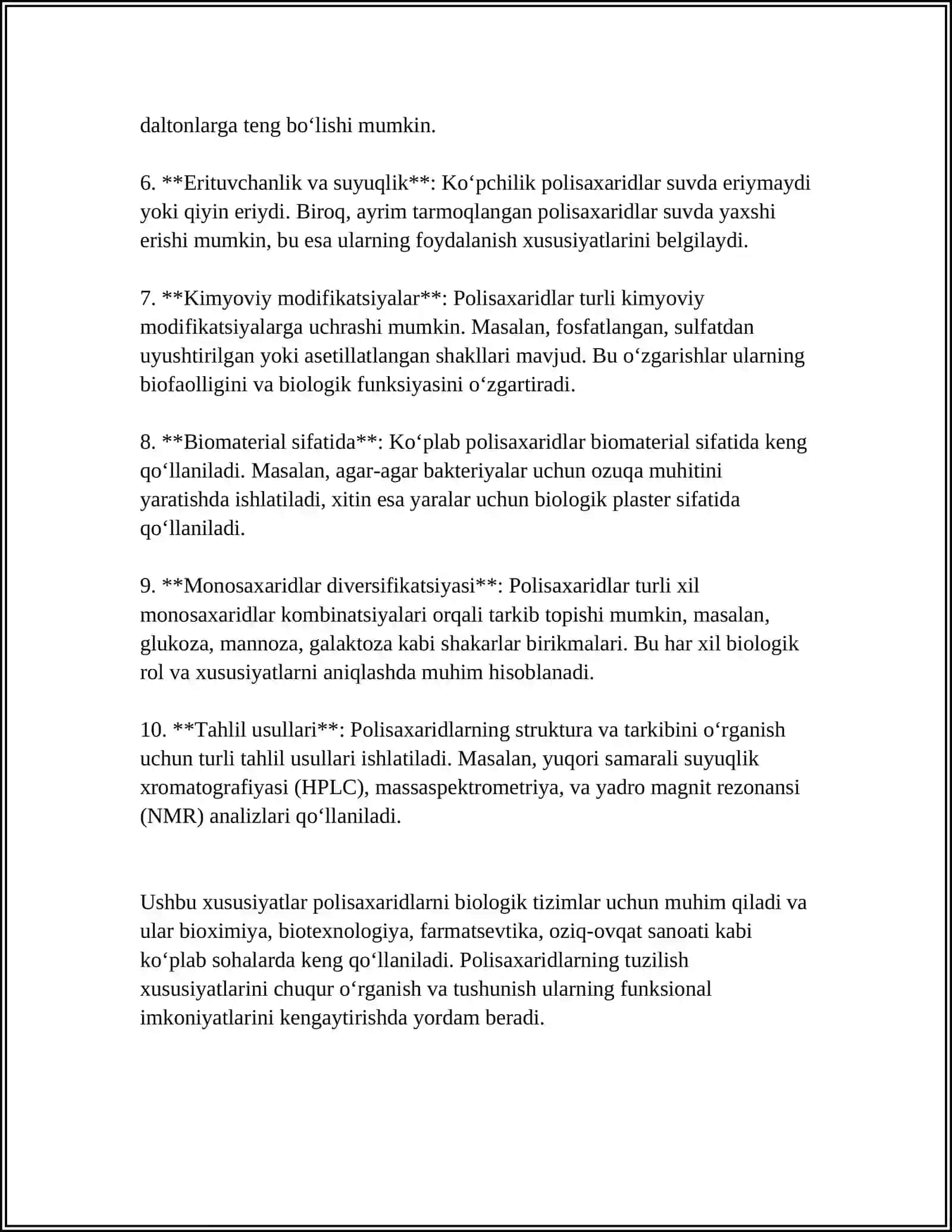 POLISAXARIDLAR TUZILISHI, XOSSALARI 4