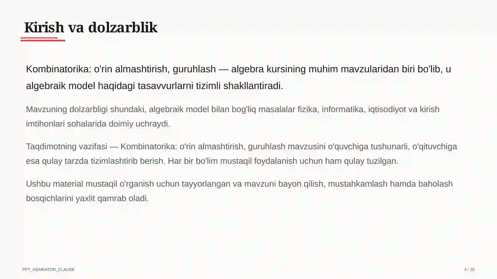 Kombinatorika: o'rin almashtirish, guruhlash (9-sinf) 4