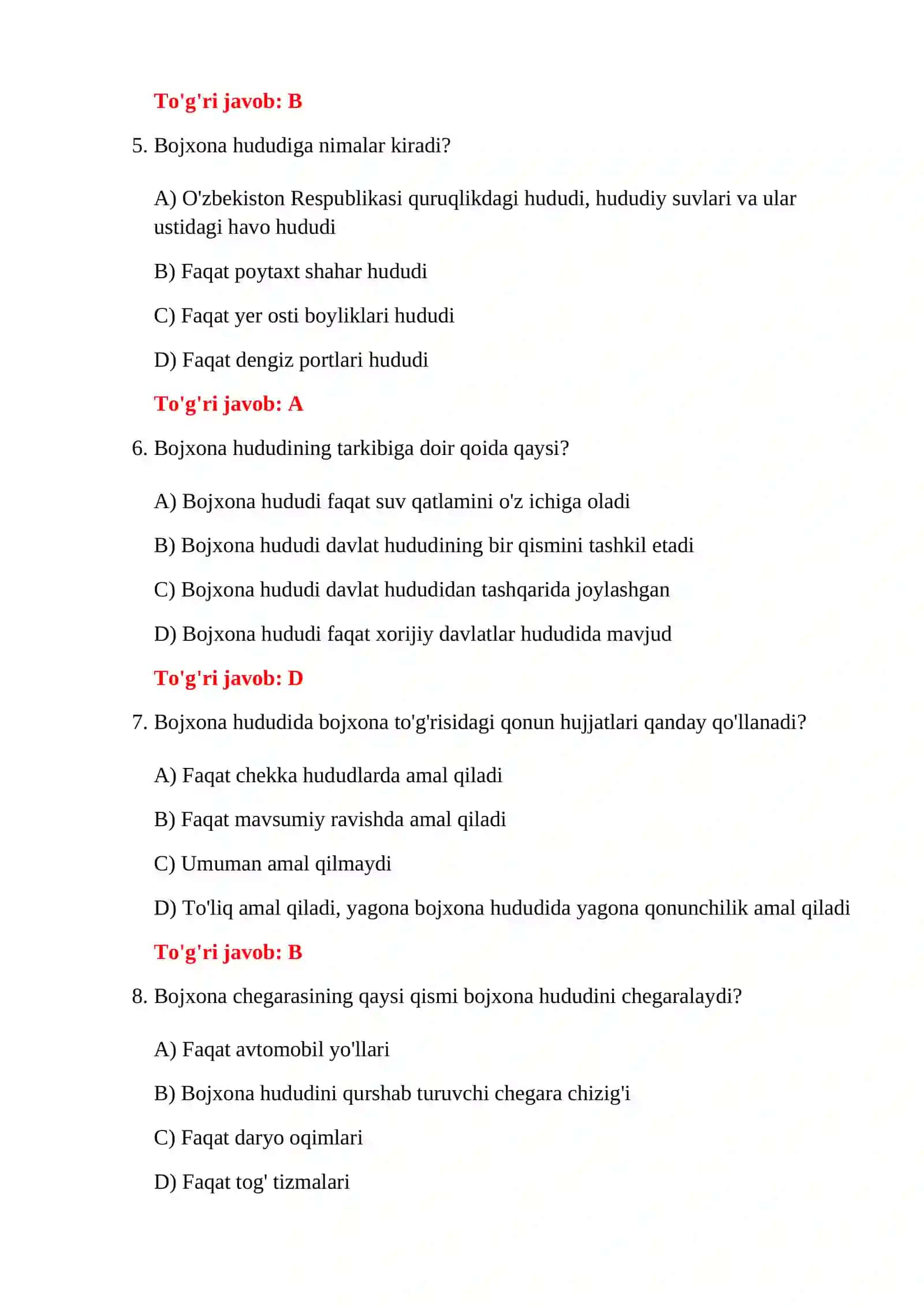 BOJXONA QONUNCHILIGI YAKUNIY TESTLARI 4