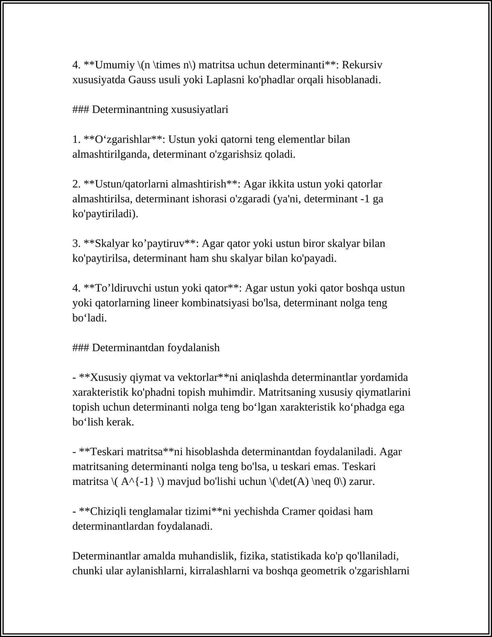 MUSTAQIL ISH Mavzu: DETERMINANTLAR NAZARIYASI 4