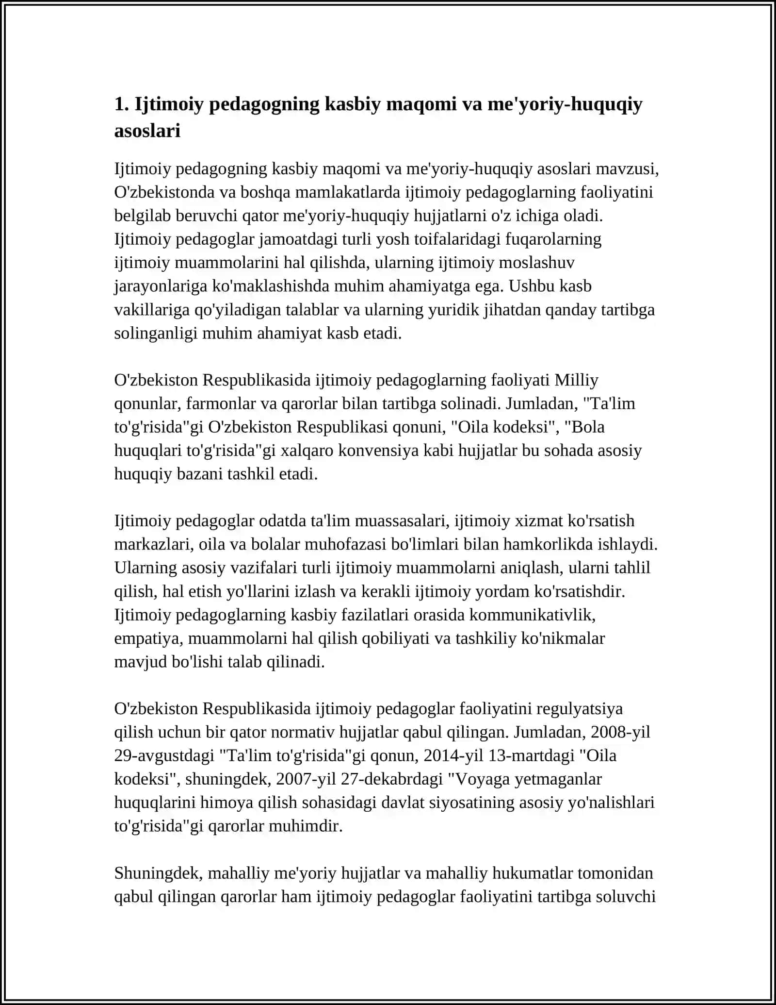 Ijtimoiy pedagogning kasbiy maqomi va me'yoriy-huquqiy asoslari 4