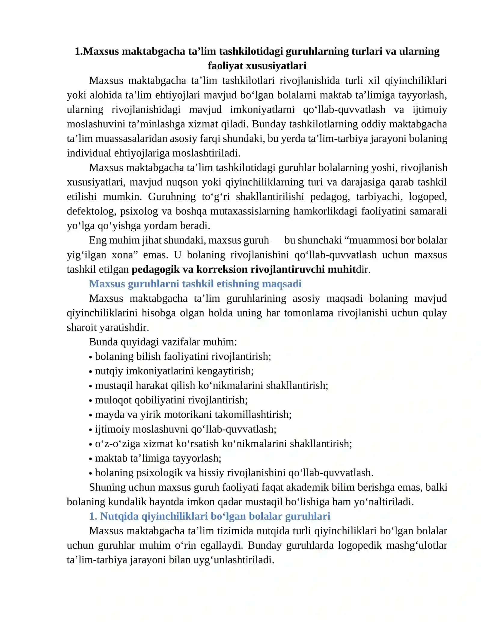 “Maxsus maktabgacha ta’lim tashkilotidagi guruhlar va ulardagi logoped ishi bilan tanishish” 4