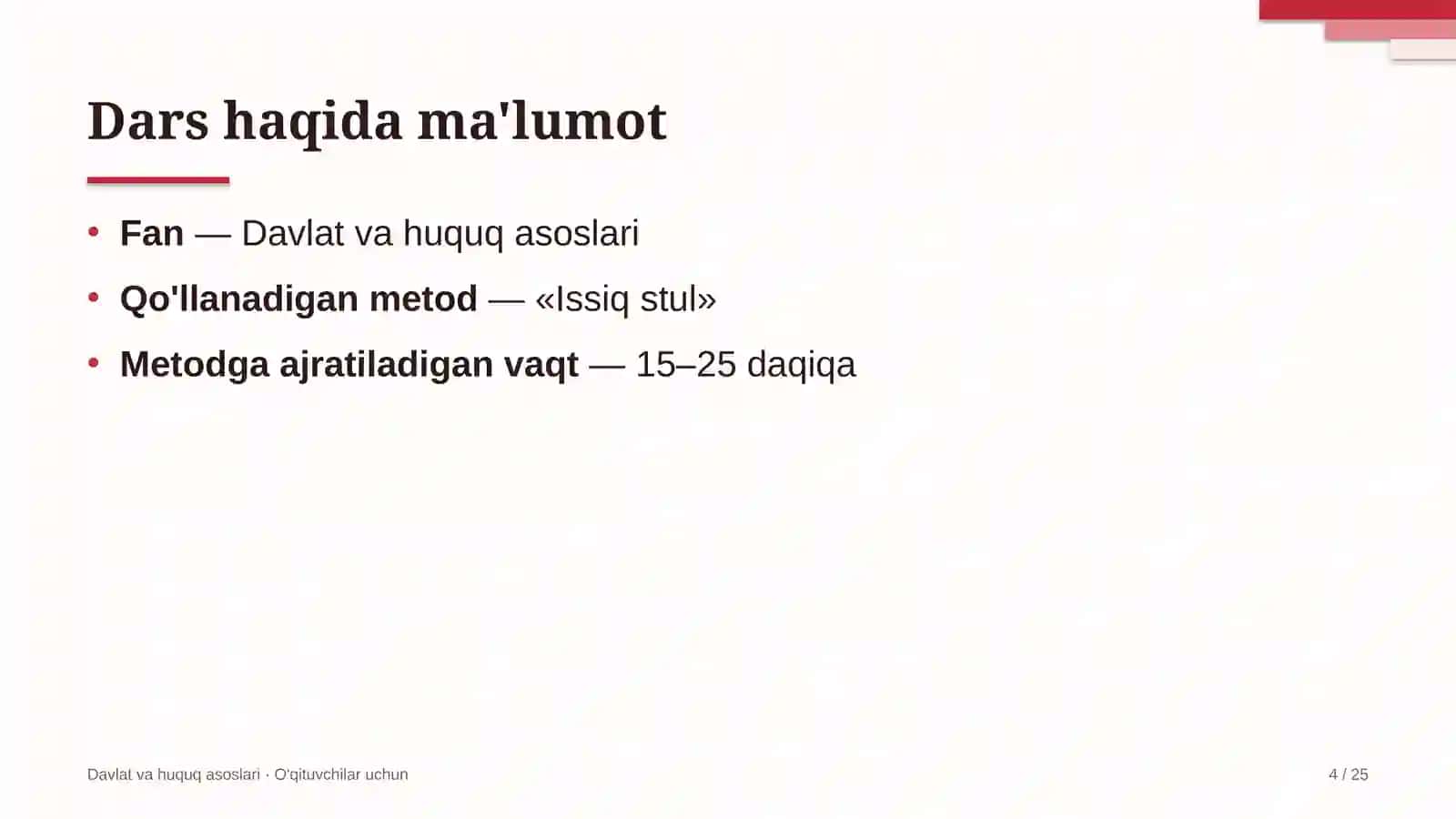 davlat va huquq asoslari darslarida issiq stul metodidan foydalanish 3770 4