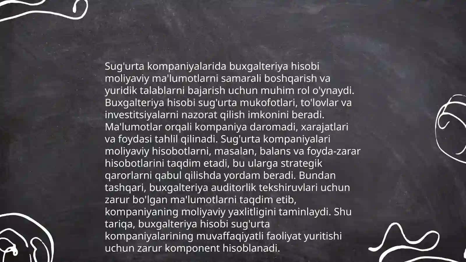 O'zbekistonda Sug'urta kompaniyalarida buxgalteriya hisobining o'rni ahamiyati vazifalari va o'ziga xosligi Tuxliyeva Dilorom 4