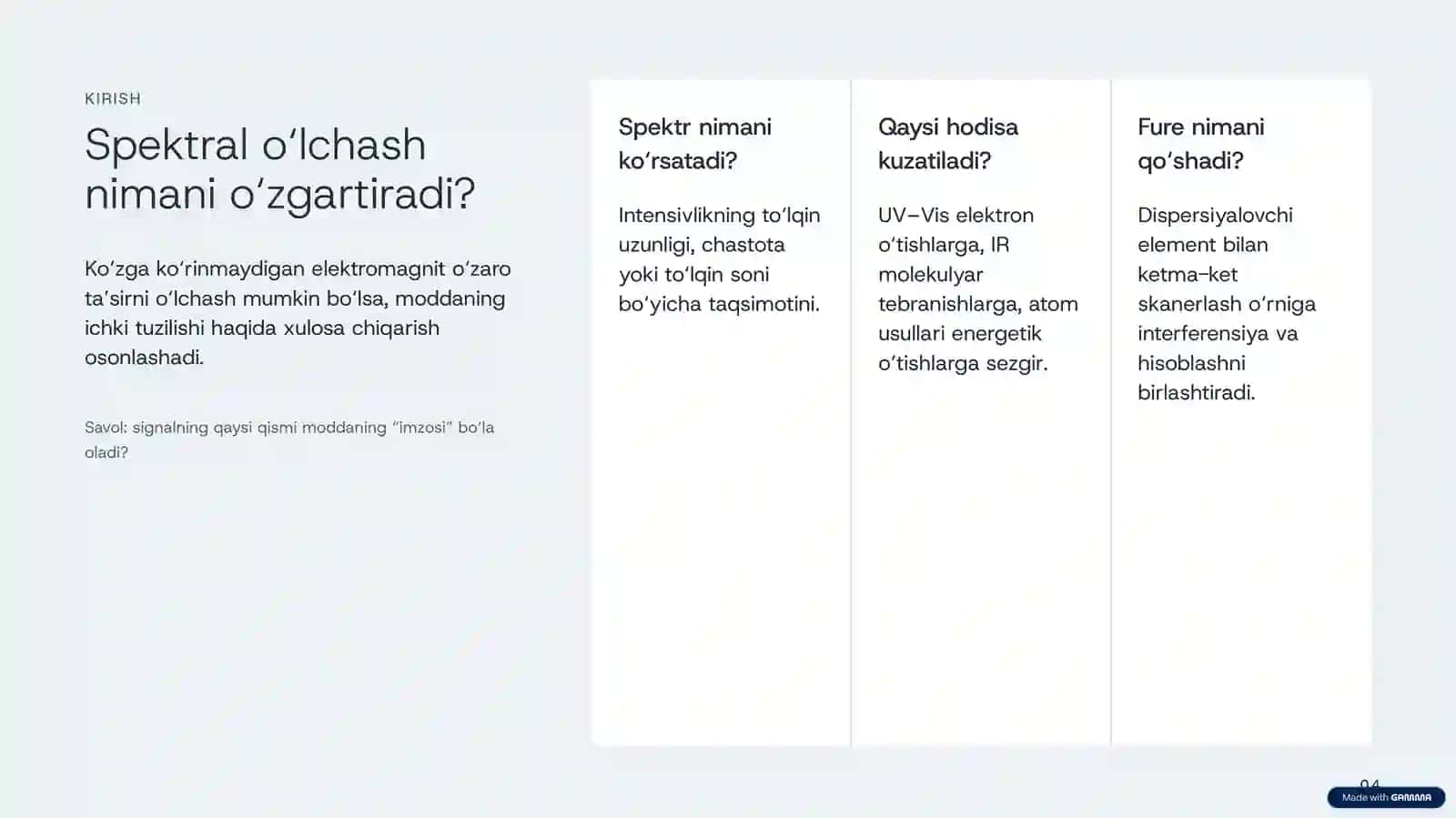 UNIVERSITET MA’RUZASI · ANALITIK O‘LCHASH Spektrometrlar vaFure-spektrometriya 4
