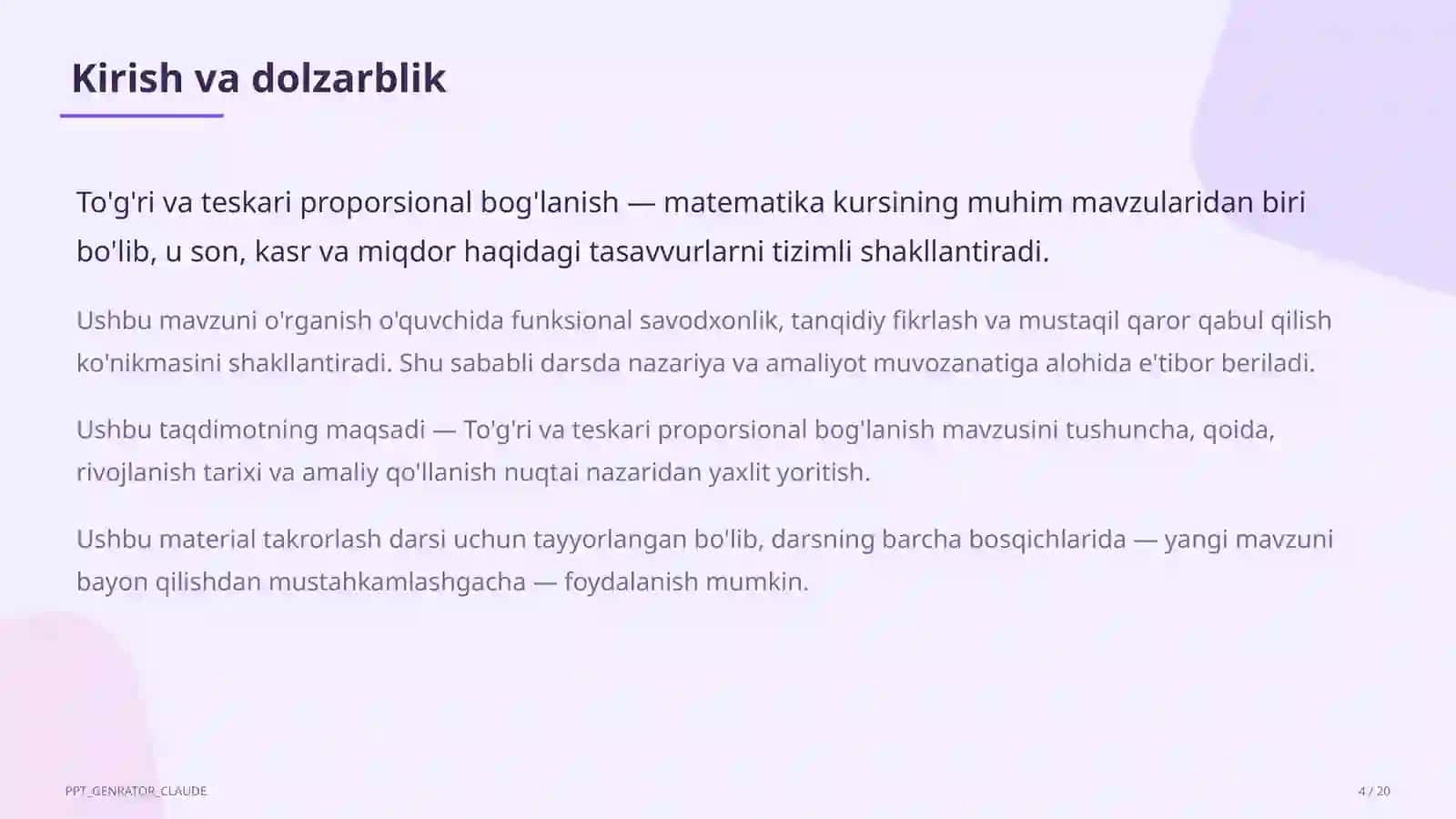 To'g'ri va teskari proporsional bog'lanish (6-sinf) 4