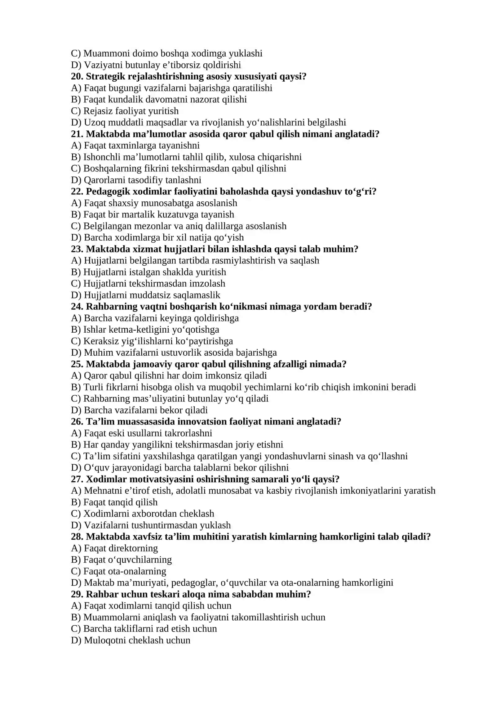 MAKTAB DIREKTOR O‘RINBOSARLARI UCHUN 500 TA KASBIY TEST 4