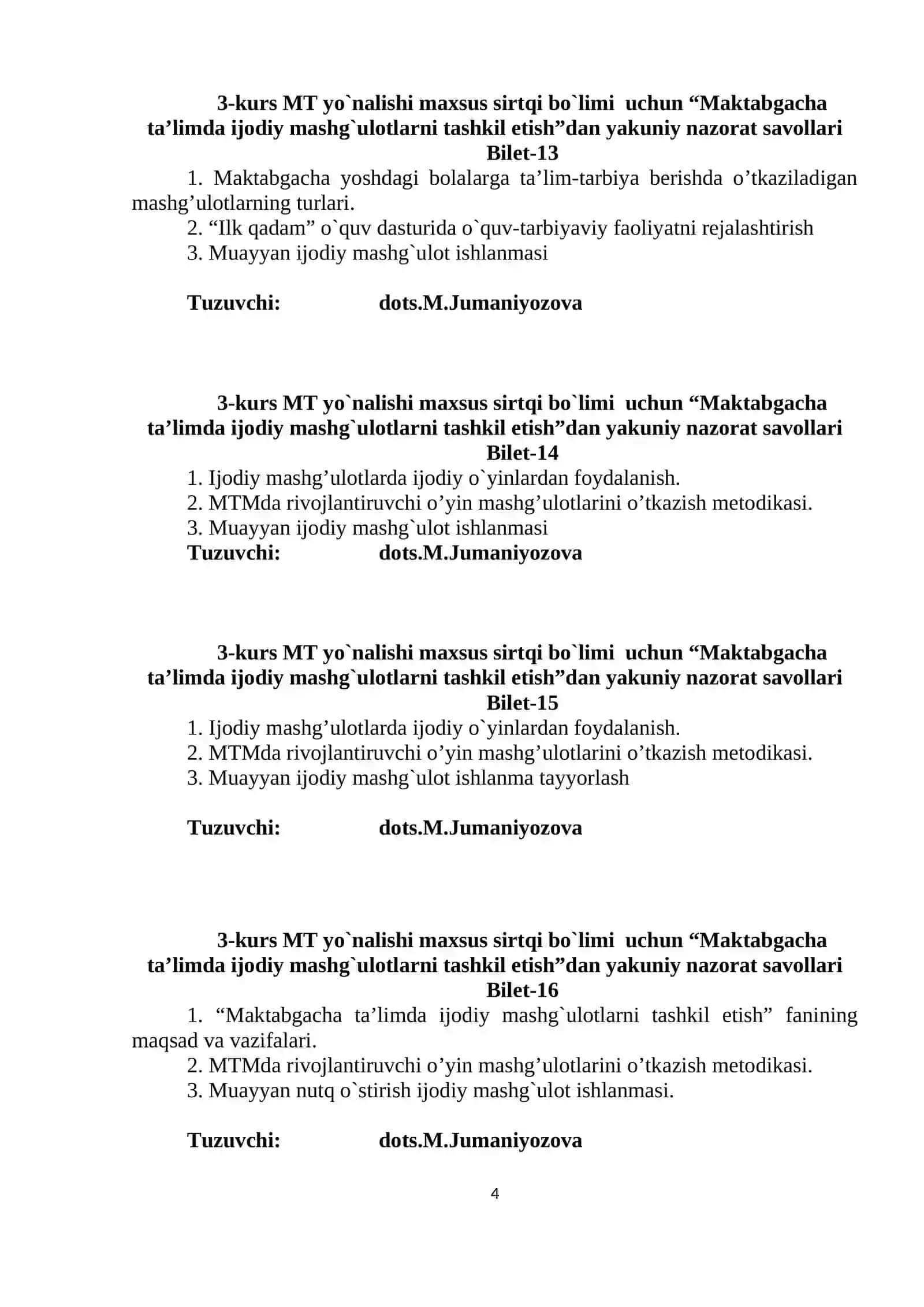 Maktabgacha ta’limda ijodiy mashg`ulotlarni tashkil etish 4