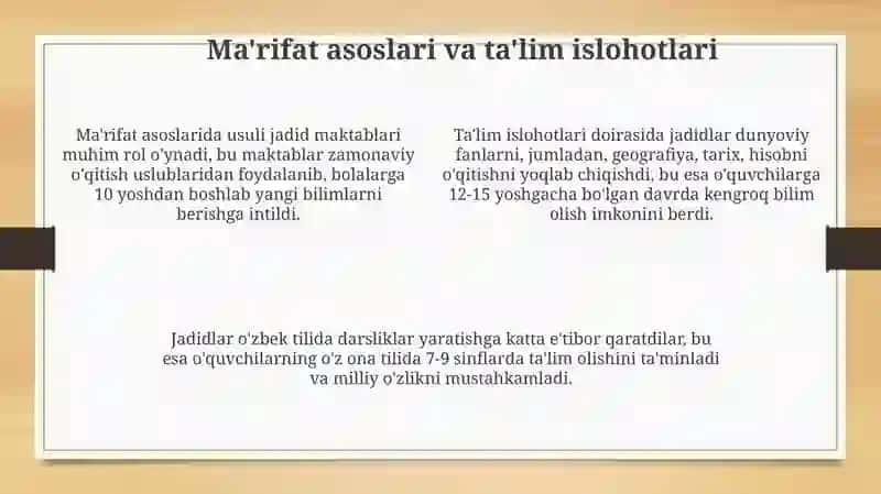 Jadidchilik harakatini vujudga kelishi va ma'rifatparvarlik asoslari 4