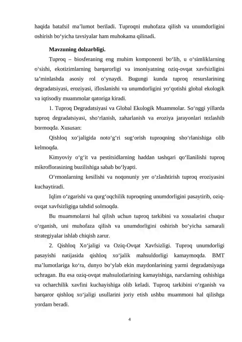 "Biogeotsenologiya" fanidan "Tuproqning tarkibi va xossalari." mavzusida tayyorlangan KURS ISHI 4