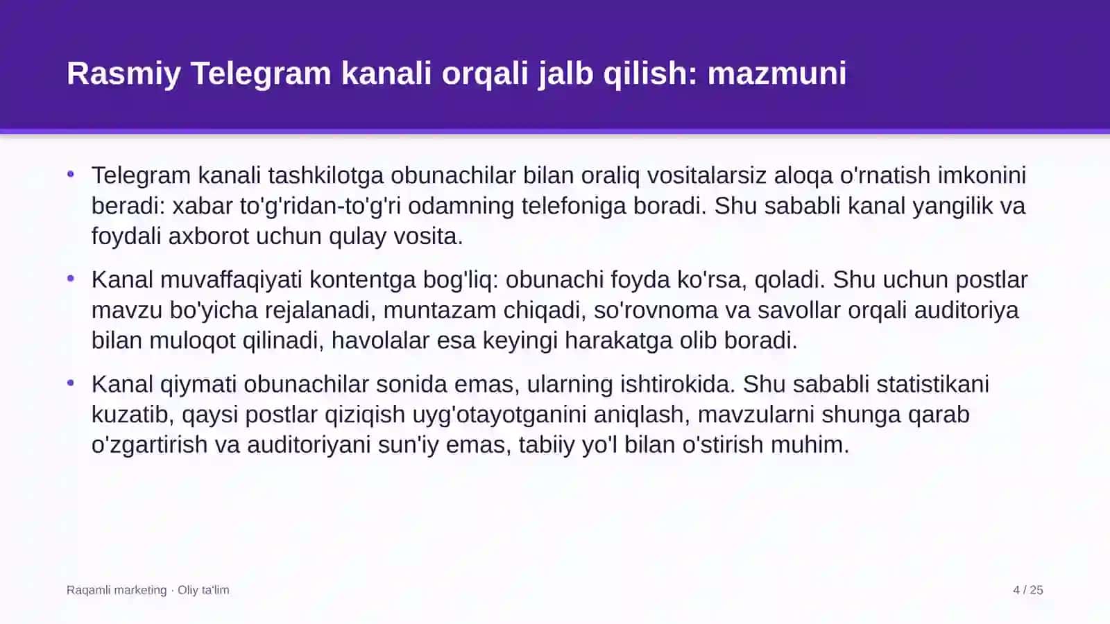 markaziy bank tizimida rasmiy telegram kanali orqali auditoriyani jalb qilish 9206 4