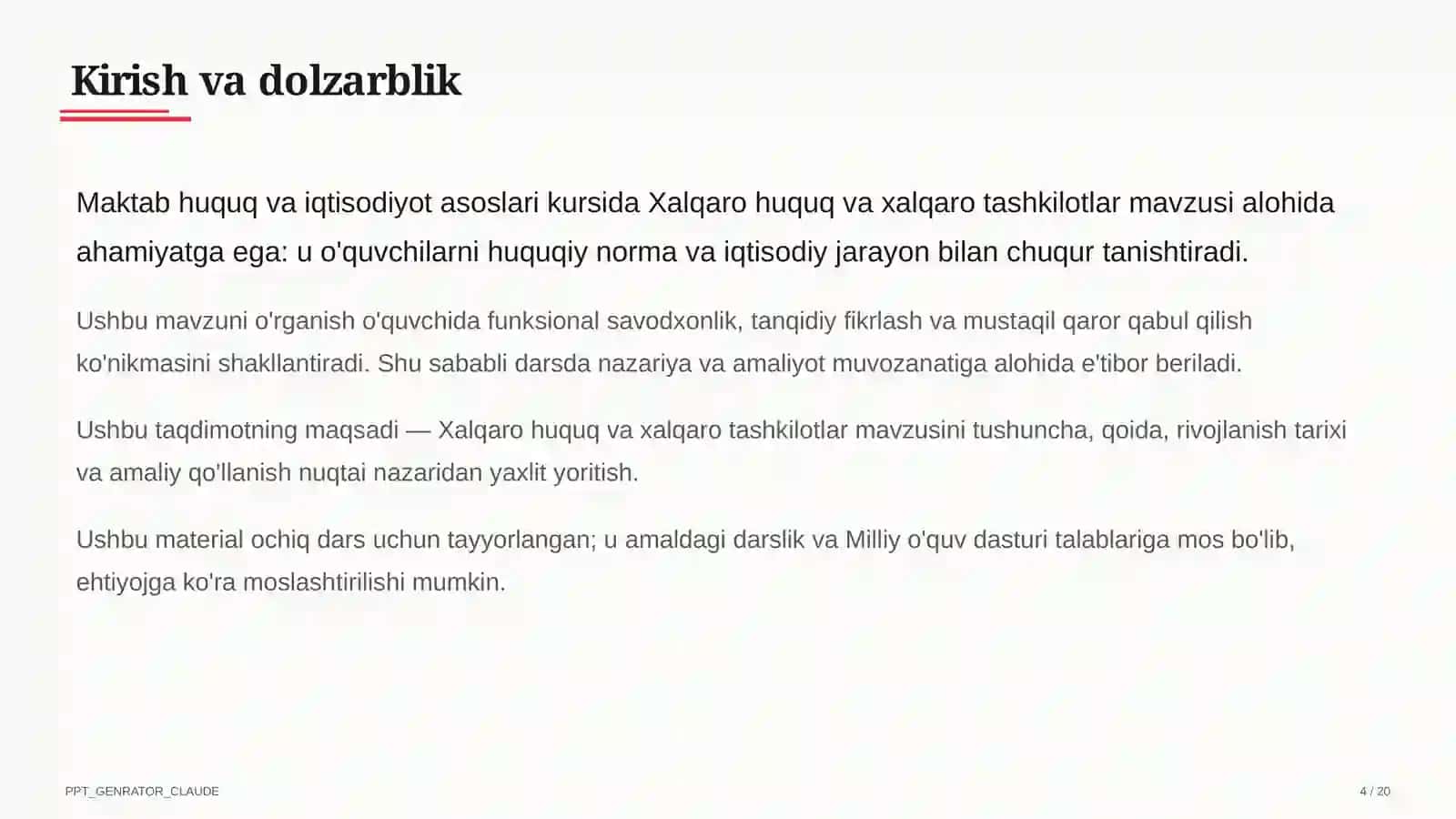 Huquq va iqtisodiyot asoslari (9–11) — ochiq dars uchun 4