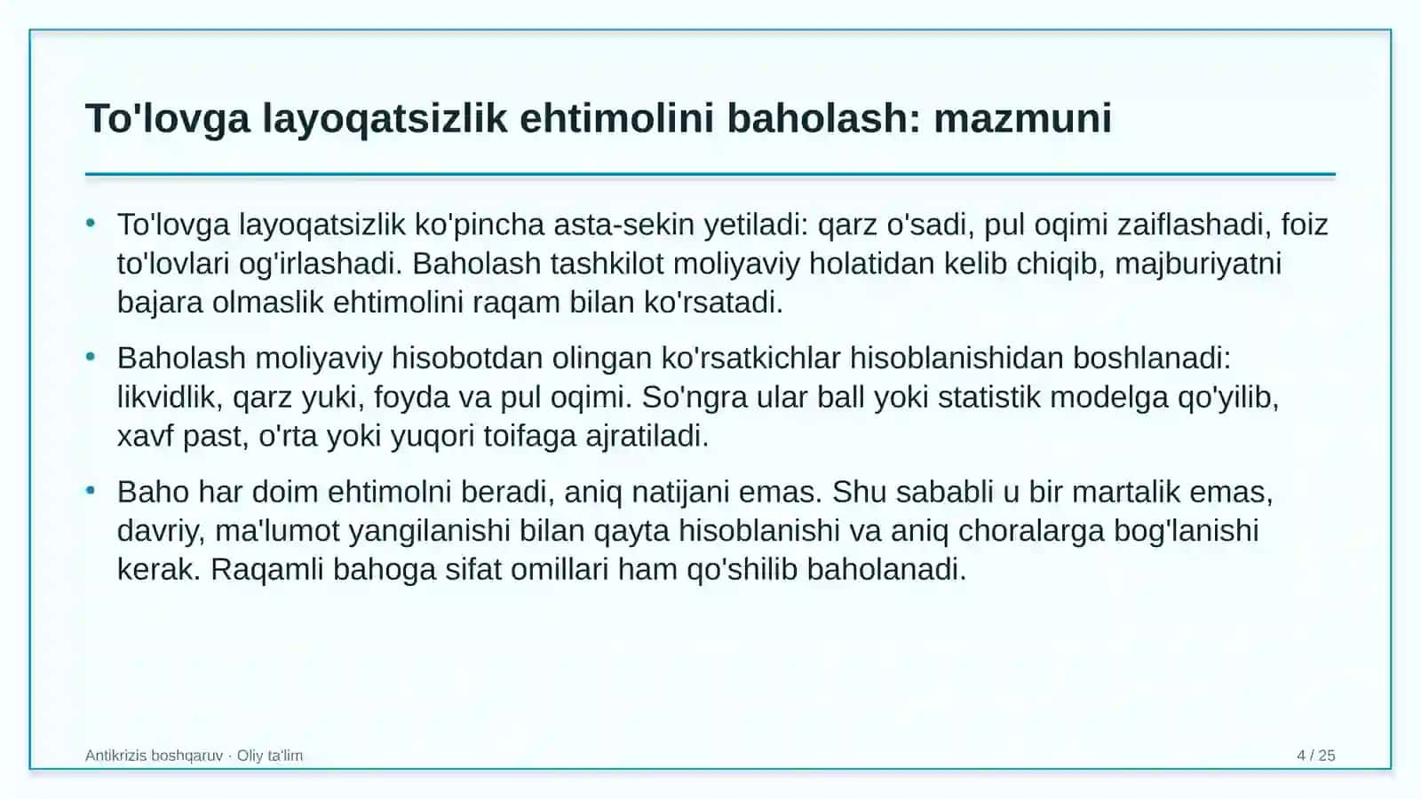 To'lovga layoqatsizlik ehtimolini baholash: mohiyati 4