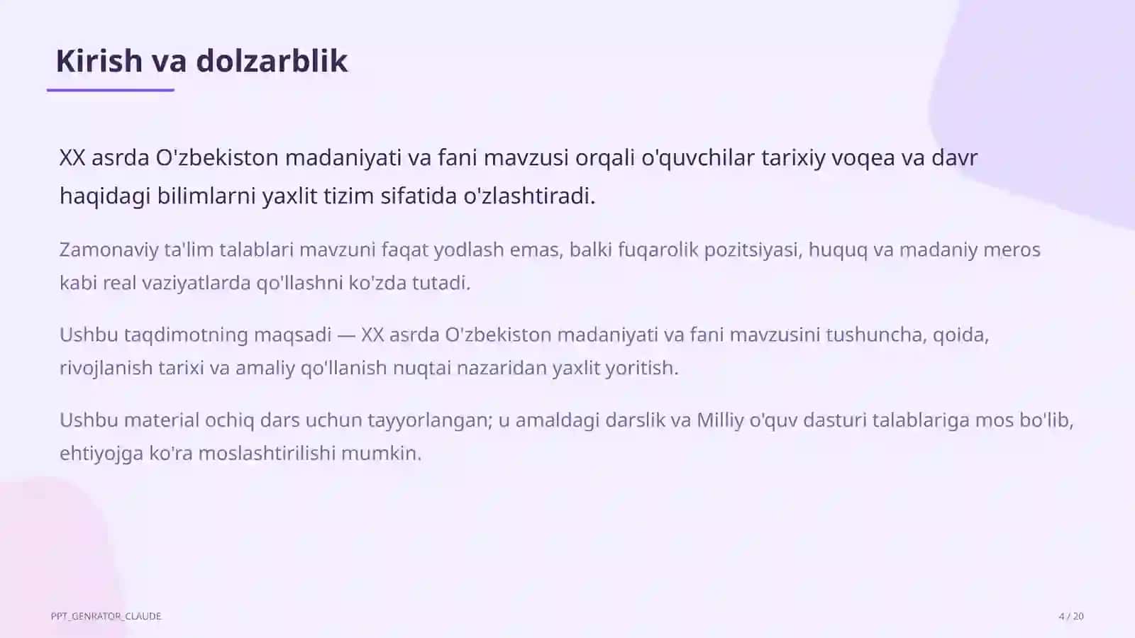 XX asrda O'zbekiston madaniyati va fani (10-sinf) 4