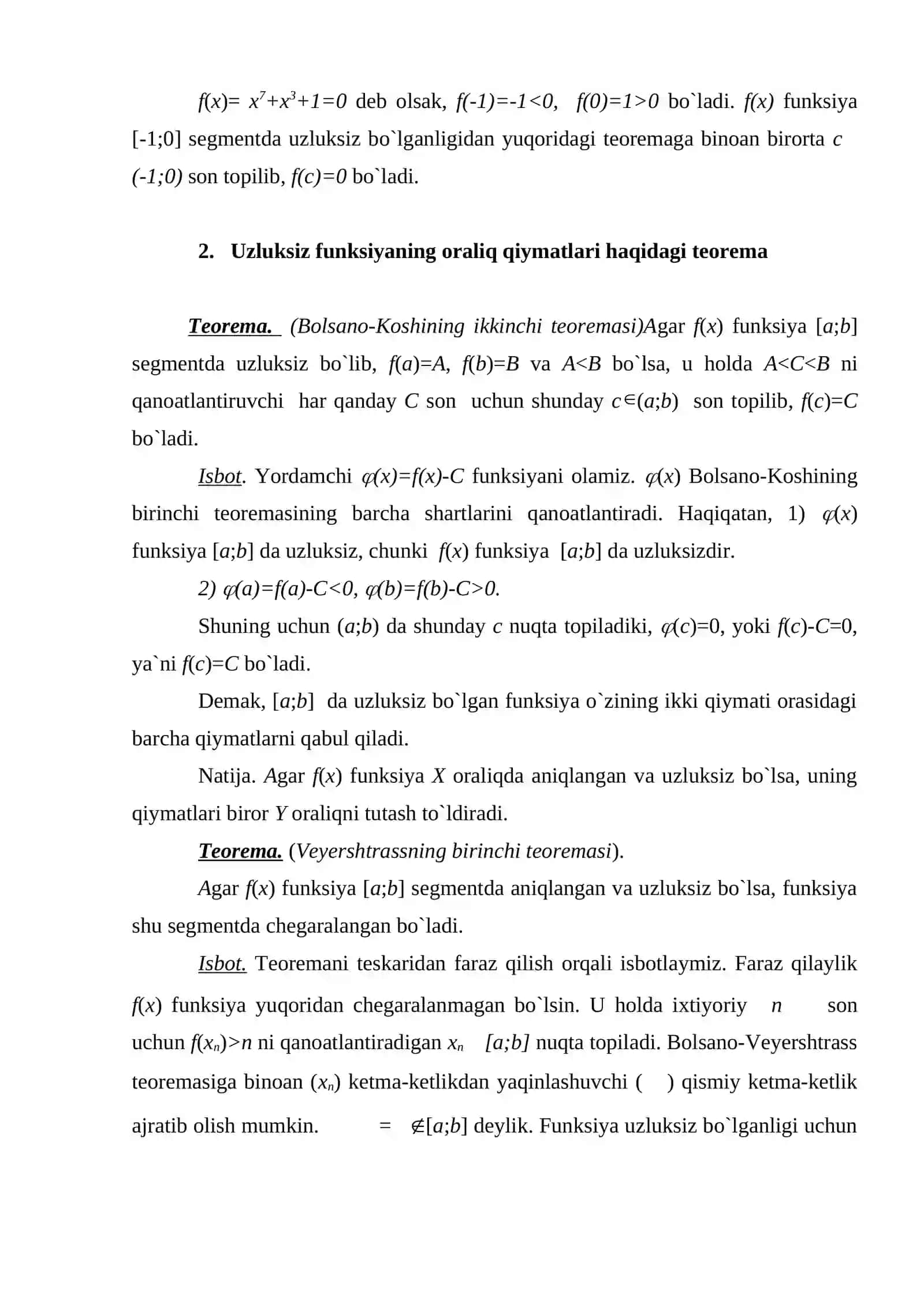 Monoton  funksiyalar uzluksizligi. Uzilish nuqtalari va uzluksizligi.  Kesmada uzluksiz bo`lgan funksiyalarning  chegaralanganligi,  eng kichik va eng katta qiymatlari 4