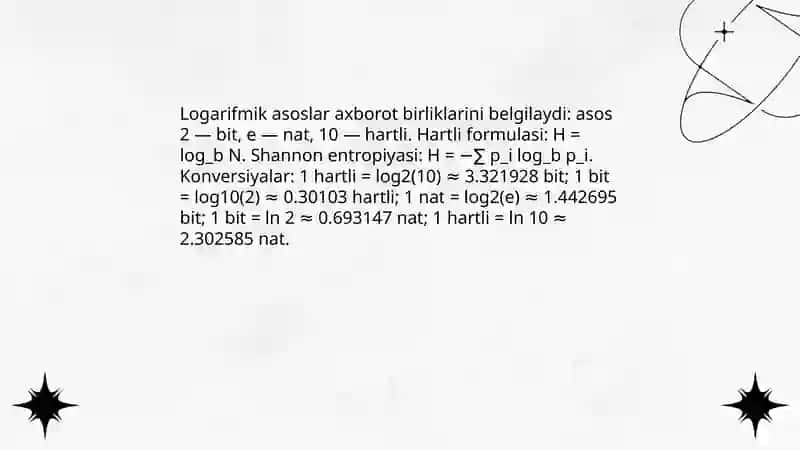 Axborotning o'lchov birliklari bilan ishlash. Hartli va Shannon formulalari 4
