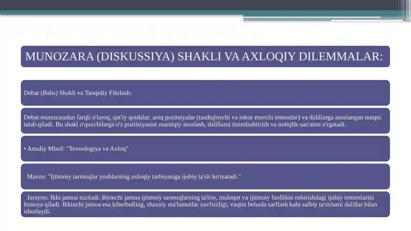 UMUMTA'LIM MAKTABLARIDA TARBIYA FANINI ÔQITISH SHAKILLARINING HAR BIRGA OID MISOLLAR YOZISH 4