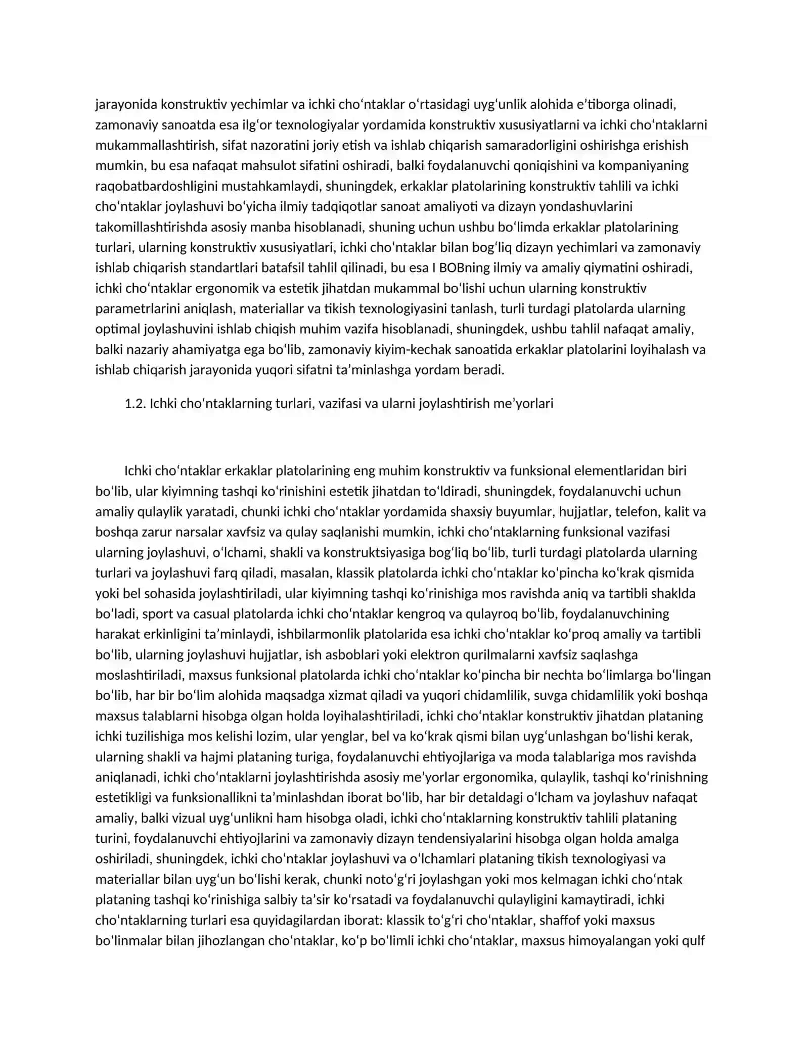 ERKAKLAR PLATOSI VA ICHKI CHO‘NTAKLARNING KONSTRUKTIV TUZILISHI HAMDA ISHLOV BERISH TEXNOLOGIYASI 4