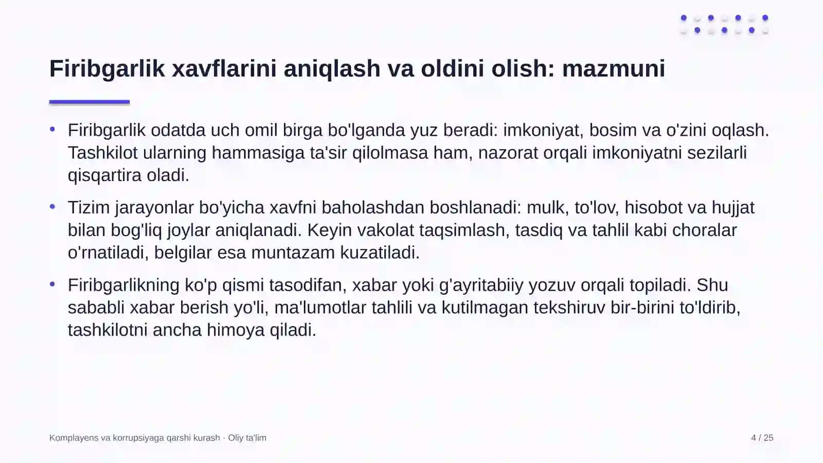 Komplayens va korrupsiyaga qarshi kurash · Oliy ta'lim 4