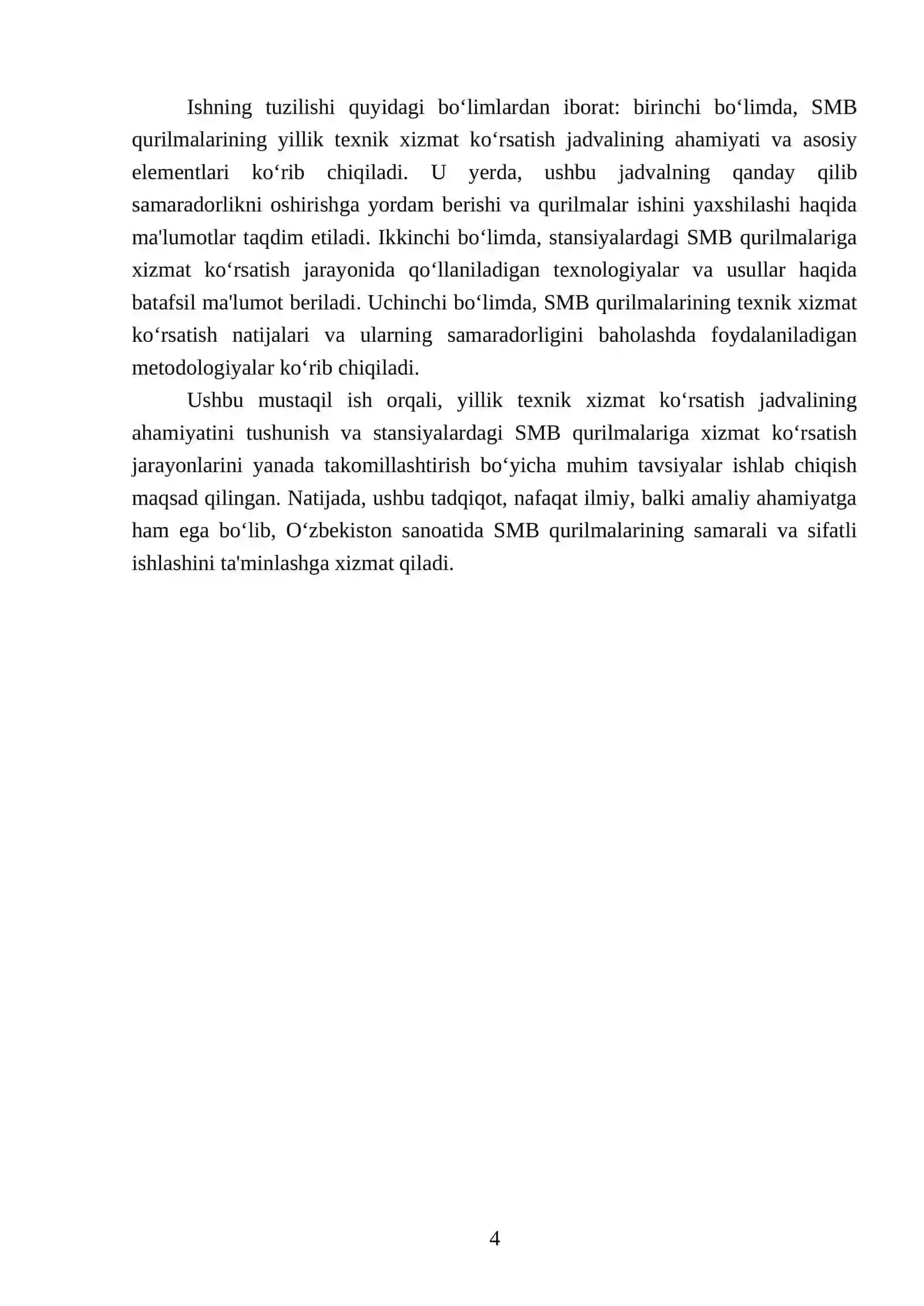 Yillik texnik xizmat koʻrsatish jadvali boʻyicha stansiyalardagi SMB qurilmalariga xizmat koʻrsatish ishlari va ularni bajarish texnologiyasi 4