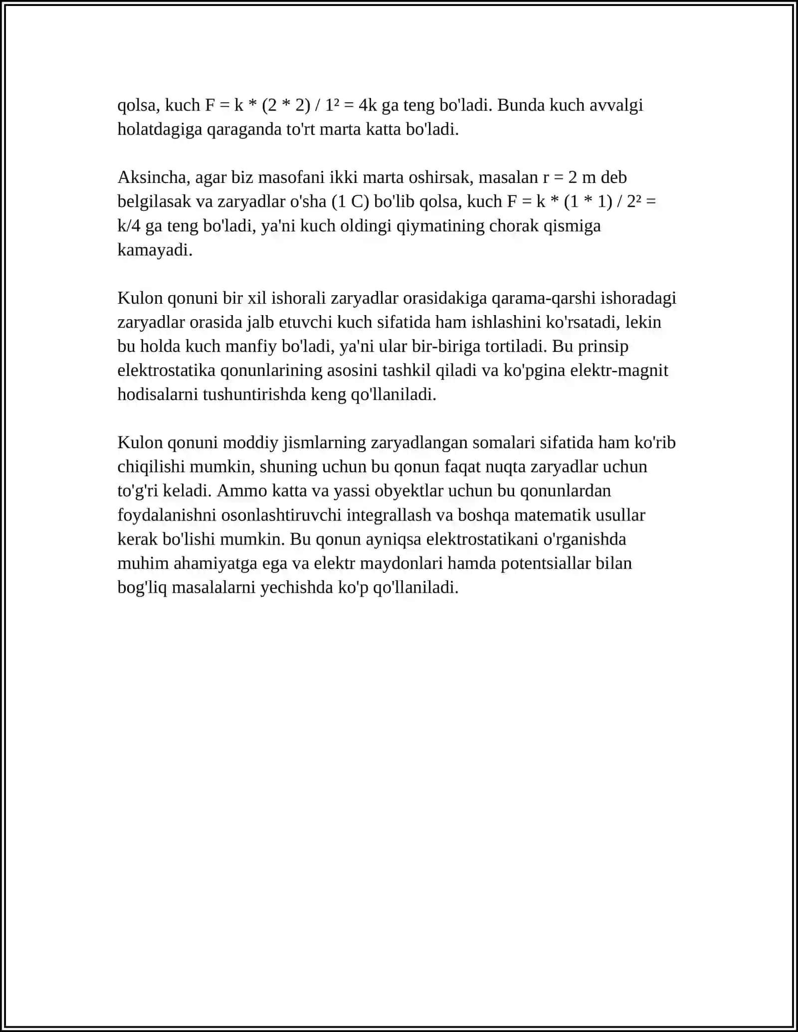 IKKITA BIR XIL ISHORALI ZARYADLANGAN SHARLARNII O‘ZARO TA’SIR KUCHI ULAR ORASIDAGI TORTISH KUCHI BILAN MUVOZANAT HOLATI 4
