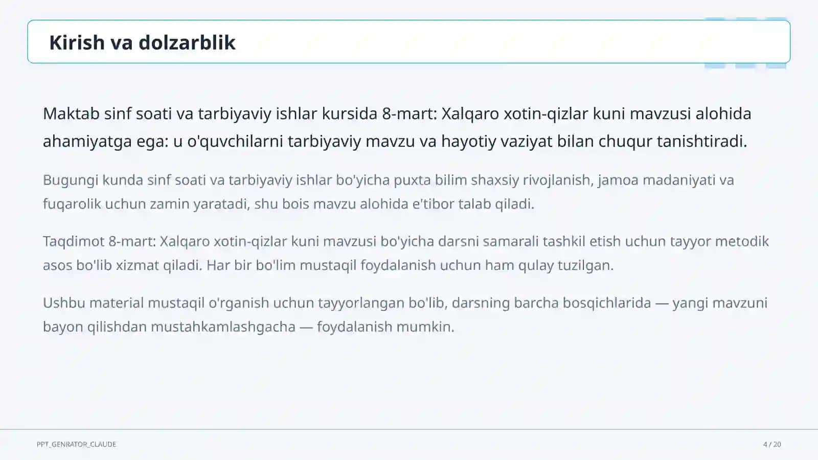 Sinf soati va tarbiyaviy tadbirlar (1–11) 4