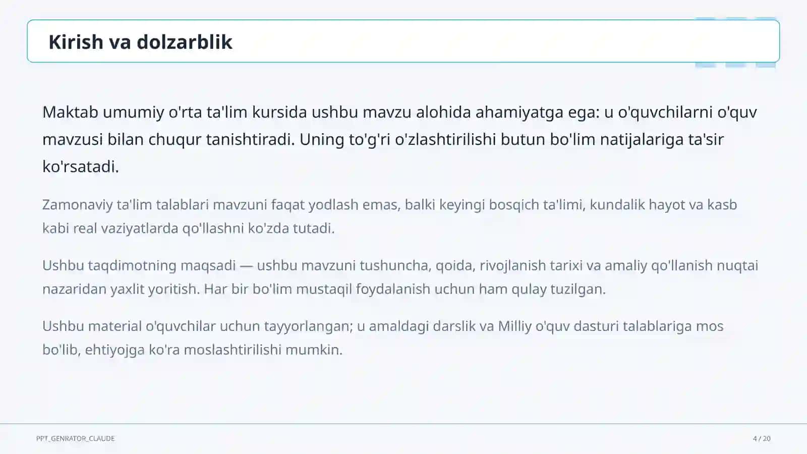 Dolzarb mavzular — maktab va o'qituvchilar (2026) — o'quvchilar uchun 4