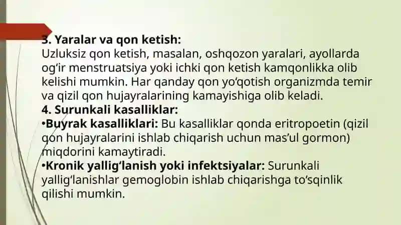 Kamqonlik turlari va sabablari kamqonliklar rivojlanishining biokimyoviy mexanizmlari 4