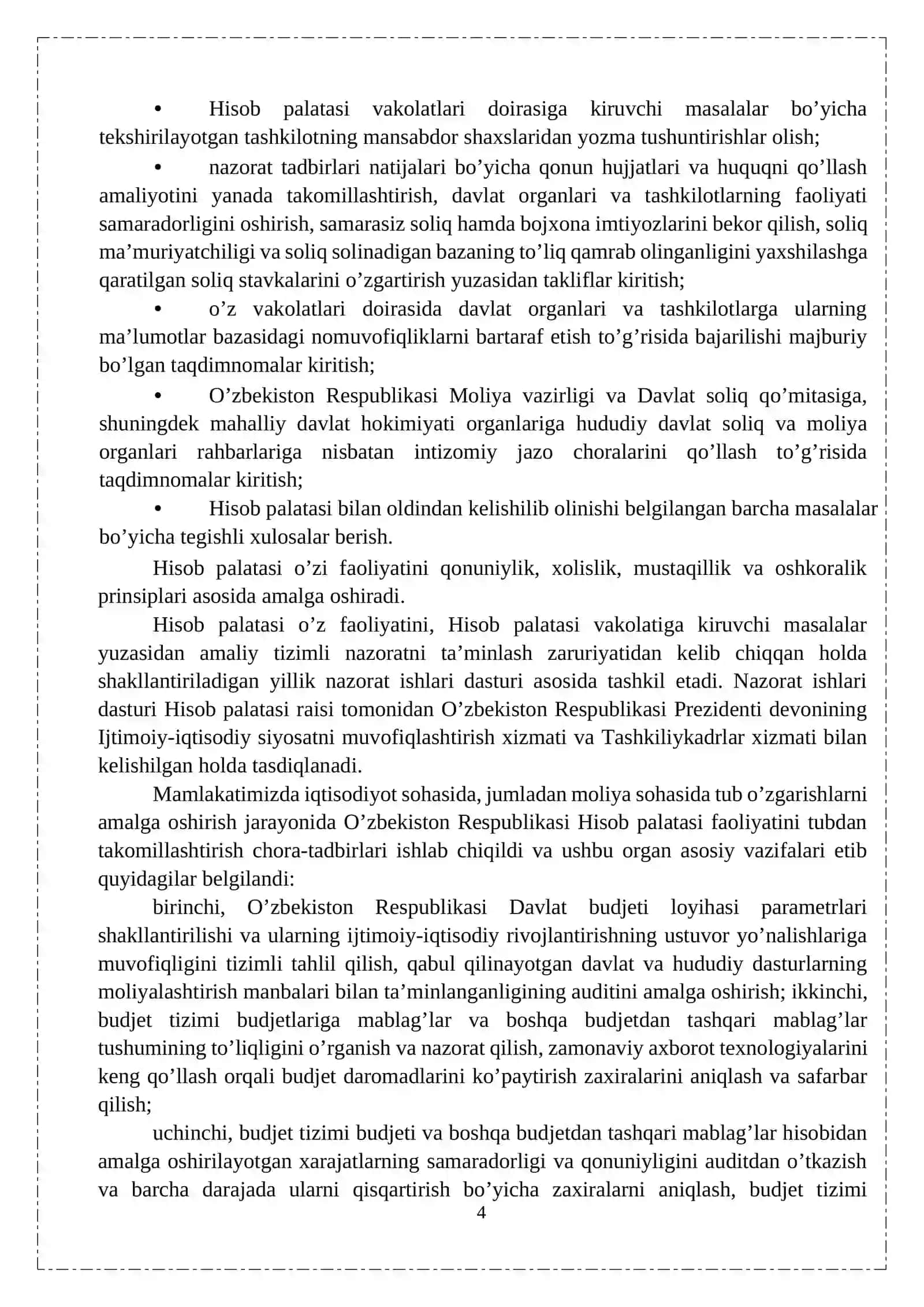 O’zbekiston Respublikasi Hisob palatasini tashkil etishning maqsadi, vazifa va funksiyalari 4
