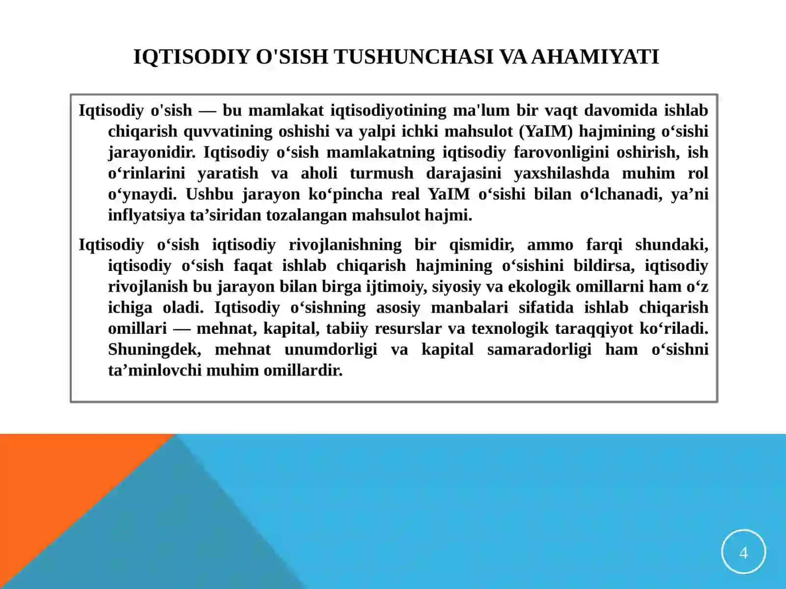 OSTONOVA SAYYORA RUSTAMQIZINING MAKROIQTISODIYOT FANINING "IQTISODIY O'SISHNING UMUMIY TAVSIFI. NEOKLASSIK VA NEOKEYNSCHA MODELLARI" MAVZUSIDA AMALIYOT TAQDIMOTI 4
