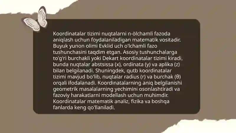 Tekslik va fazodagi Dekart koordinatalari sistemasi va uning tatbiqi 4