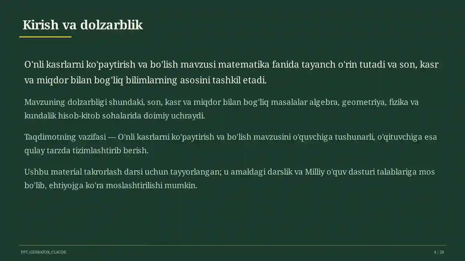 O'nli kasrlarni ko'paytirish va bo'lish (5-sinf) Matematika (5-6) 4