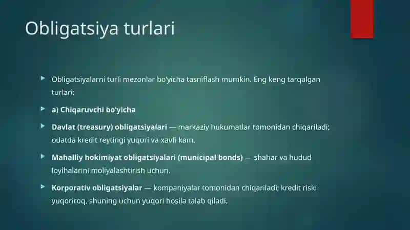 Qarz majburiyatlarini ifodalovchi qimmatli qog'ozlar. (Obligatsiyalar bozori) 4