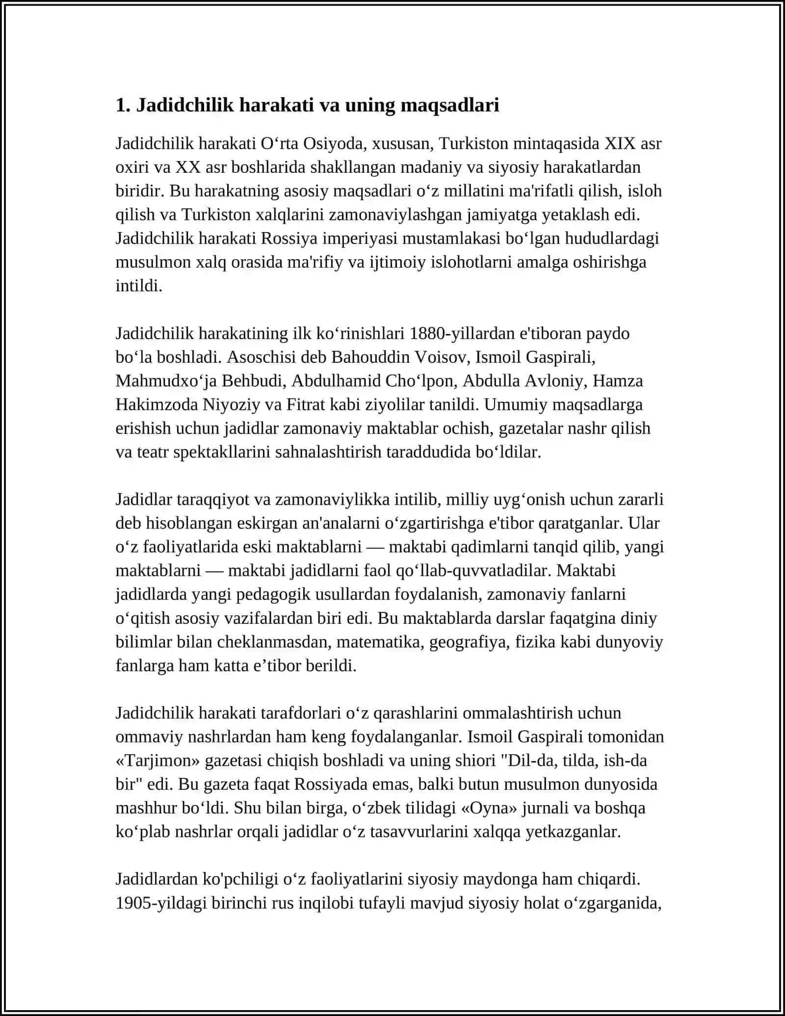 JADID MARIFATPARVARLARINING O'LKA IJTIMOIY-MA'NAVIY HAYOTIDA TUTGAN O'RNI( MUNAVVAR QORI, FITRAT, BEHBUDIY, AVLONIY VA BOSHQALAR) 4