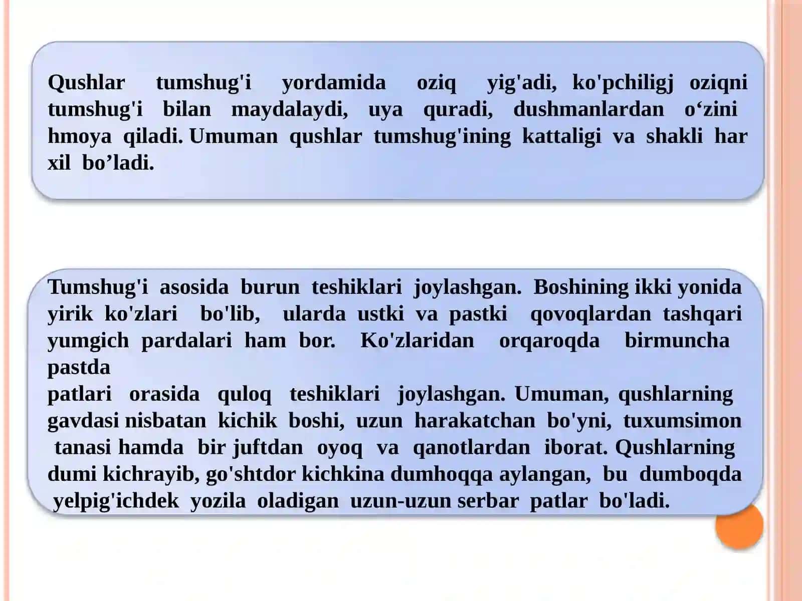 Qushlarsinfi.Qushlarninguchishgamoslanishbelgilari.Kaptarningtashqiichkituzilishi.Qonaylanish,nafasolishi,skelettuzilishi 4