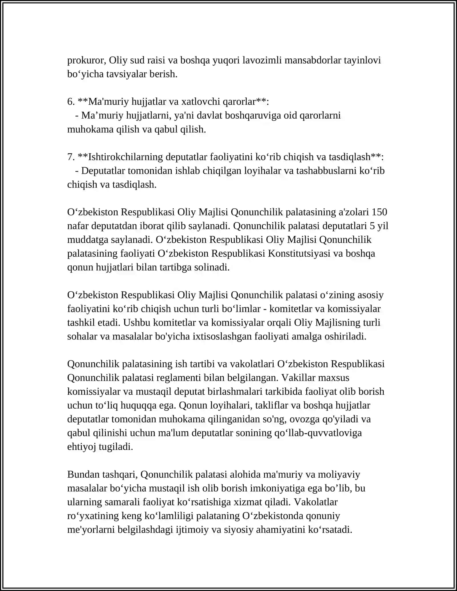 MUSTAQIL ISH Mavzu: OʻZBEKISTON RESPUBLIKASI OLIY MAJLISI QONUNCHILIK PALATASI 4
