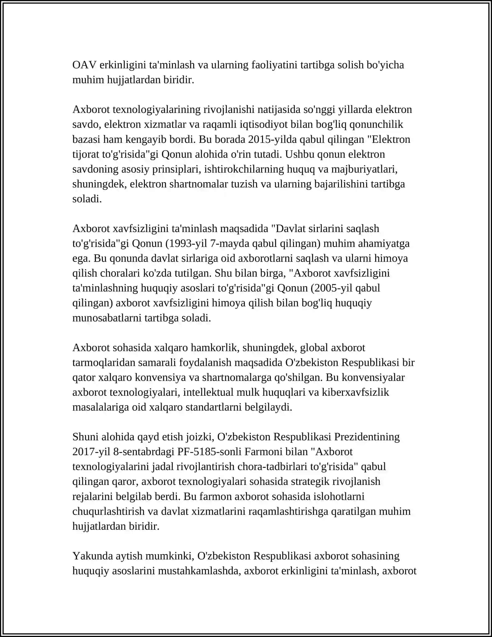 MUSTAQIL ISH Mavzu: AXBOROT SOHASI HUQUQ OBYEKTI SIFATIDA 4