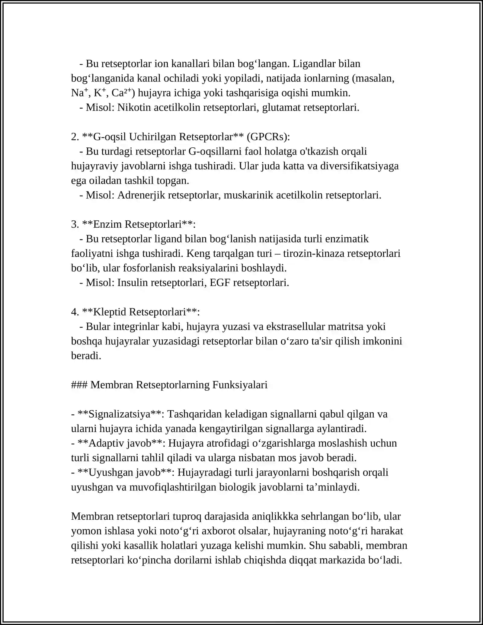MEMBRANA RETSEPTORLARI. MEMBRANA ORQALI SIGNALLARNING OʻTKAZILISHI 4