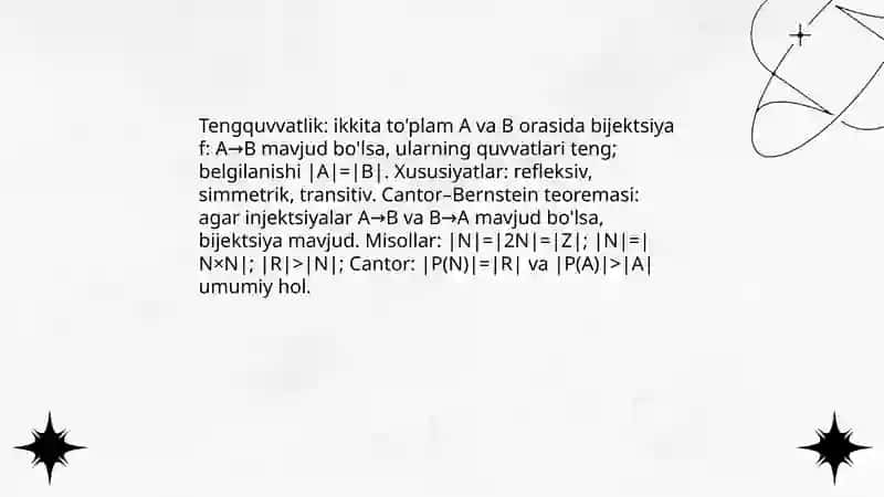 Cheksiz to'plamlarni quvvatiga ko'ra taqqoslash muammolari 4
