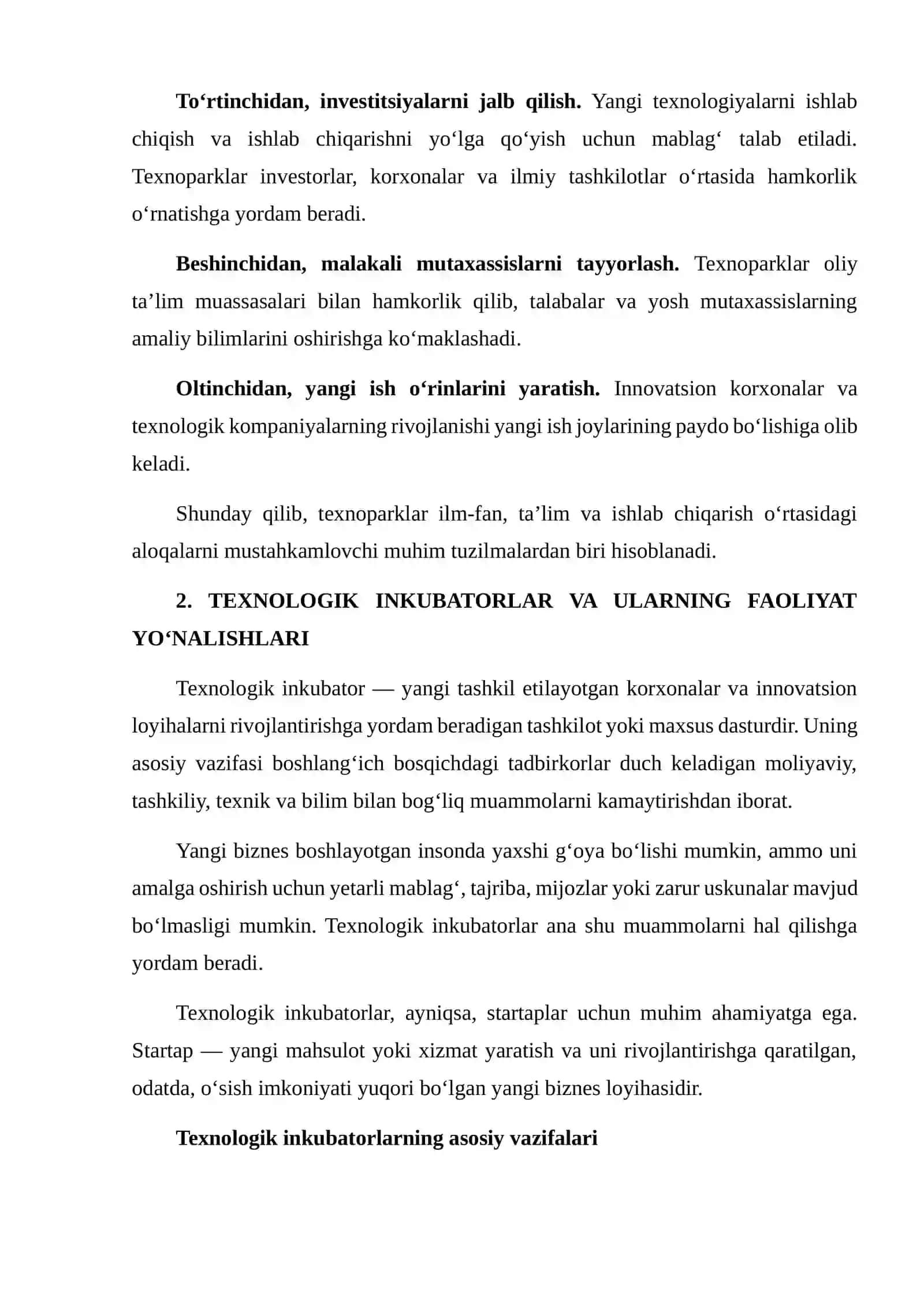 TEXNOPARKLAR, TEXNOLOGIK INKUBATORLAR VA ULARNING VAZIFALARI 4