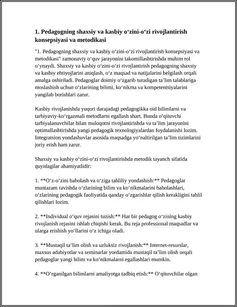 ZAMONAVIY OʻQUV JARAYONINI TAKOMILLASHTIRISHDA PEDAGOGNING SHAXSIY VA KASBIY OʻZINI-OʻZI RIVOJLANTIRISH METODIKASI 4