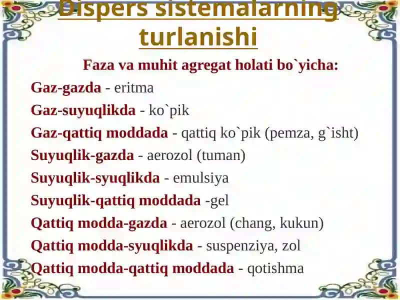 Kolloid sistemalarning molekulyar-kinetik va spesifik xossalari. Kolloid sistemalarning turgʻunligi. Dagʻal-dispers sistemalar. 4